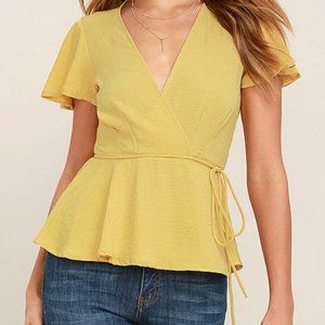 Lulu's Modern Gal Yellow Wrap Top Blouse - Small